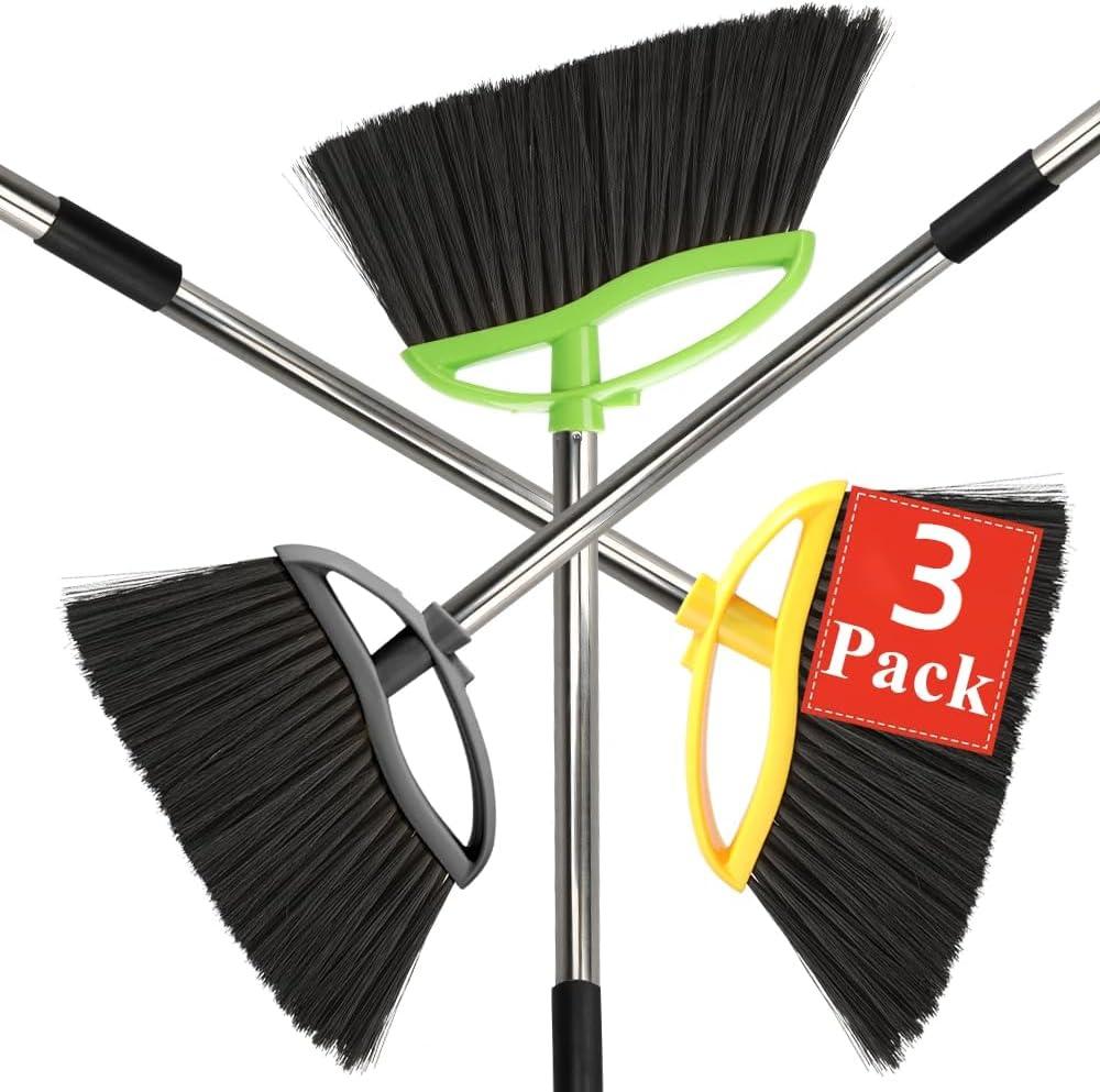 3 Pack Soft Bristle Angle Broom for Floors - Wide Indoor Heavy Duty Broom with 38"-53.5" Adjustable Handle, Kitchen & Restaurant Use for Hardwood, Porch (Gray, Yellow, Green)