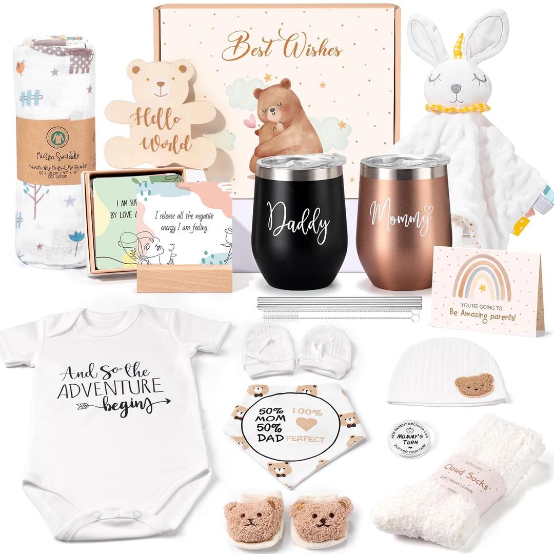 New Mom Gifts for Women, Top Pregnancy Gifts with Mom and Dad Tumbler Set for First Time Moms, Expecing Parents to Be, Gender Reveal, Baby Shower, Best Baby Gifts for Boys Girls Neutral (Brown)