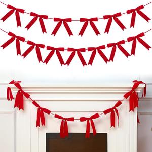 VitalCozy 10 ft Christmas Velvet Bow Garland Pre-Strung Bow Garland Banner with 13 Pcs 7 x 7 Inches Bows Reusable Vintage Velvet Bow Decoration for Xmas Tree Fireplace Staircase(Red)