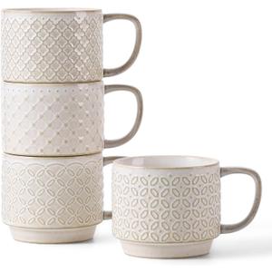 DOWAN 12oz Coffee Mugs Set of 4, Ceramic Coffee Mugs, Stackable Cappuccino Cups, Microwave Safe and Large Handle, Office and Home Use