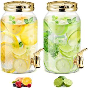 Havawish 2 Pcs 1 Gallon Plastic Beverage Dispenser with Spigot Clear Summer Kitchen Fridge Drink Dispenser for Parties Lemonade Juice Tea Beer Cold Water(Gold,Cylinder)