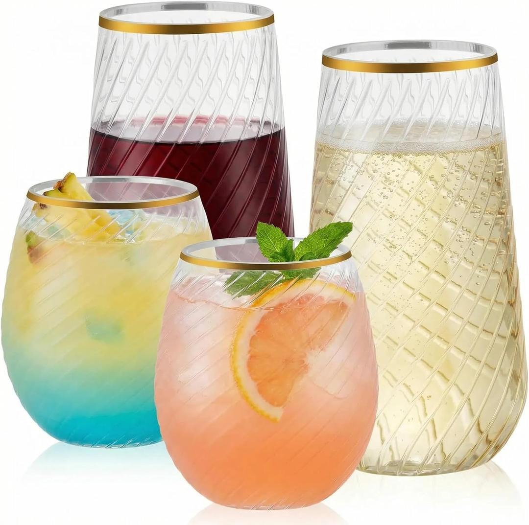48 Pack Plastic Wine Glasses – 24 x 9oz Stemless Champagne Flutes & 24 x 12oz Disposable Wine Glasses – Elegant Disposable Plastic Cups with Gold Rim – BPA-Free Drinkware for Weddings, Parties-Spiral