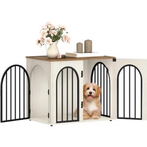 Hzuaneri 26.8'' Wooden Dog Crate Furniture, Indoor Dog Kennel Dogs Cage for Small Dogs, Heavy Duty Dog Crates Decorative Pet House End Side Table TV Stand, White Brown DFC85514B