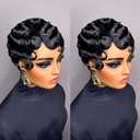 Finger Ocean Pixie Cut Wig Human Hair for Black Women Brazilian Finger Ocean Wave Wig None Lace Front Full Machine Made Short Layered Pixie Cut Wig Curly Summer Hairstyle 1B Color (Black Color)