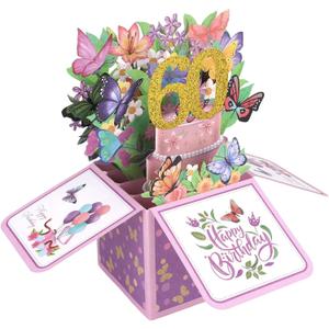 Penitue Happy 60th Birthday Pop-Up Card, 60 Year Old Colorful Butterfly & Flower 3D Birthday Greeting Card with Envelope Cool Birthdays Popup Box for Wife Husband Mom Dad Aunt Uncle Sixty Gifts