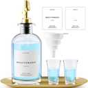 Mouthwash Dispenser, 16oz Glass Mouthwash Decanter for Bathroom, Mouth Wash Container Mouthwash Bottle with Pour Spout, Reusable Mouthwash Dispenser Set with Cups and Gold Tray