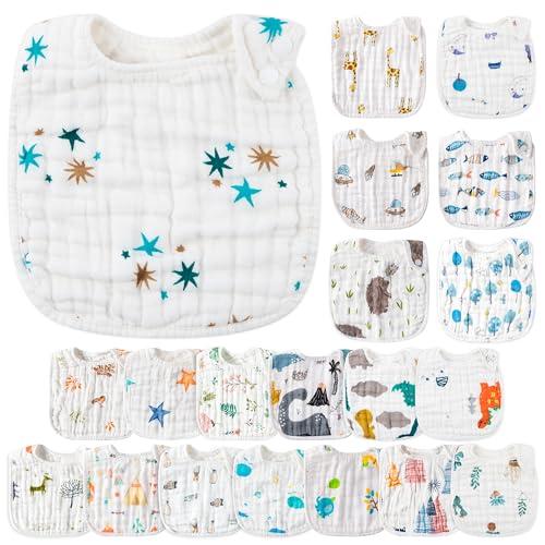 Zainpe Muslin Cotton Baby Bibs - 20Pcs Snap Baby Drooling Bib, Giraffe Penguin Star Pattern Soft Absorbent Adjustable Infants Burp Cloths for Newborns Boys Toddlers Feeding Teething Eating 0-36 Months