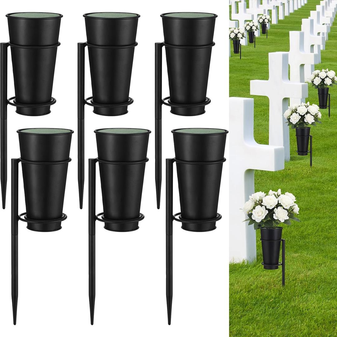 6 Sets Metal Cemetery Flower Vase with Stake for Grave, Flower Holder in Base Graveyard Vase with Floral Foam for Grave Decoration, Black