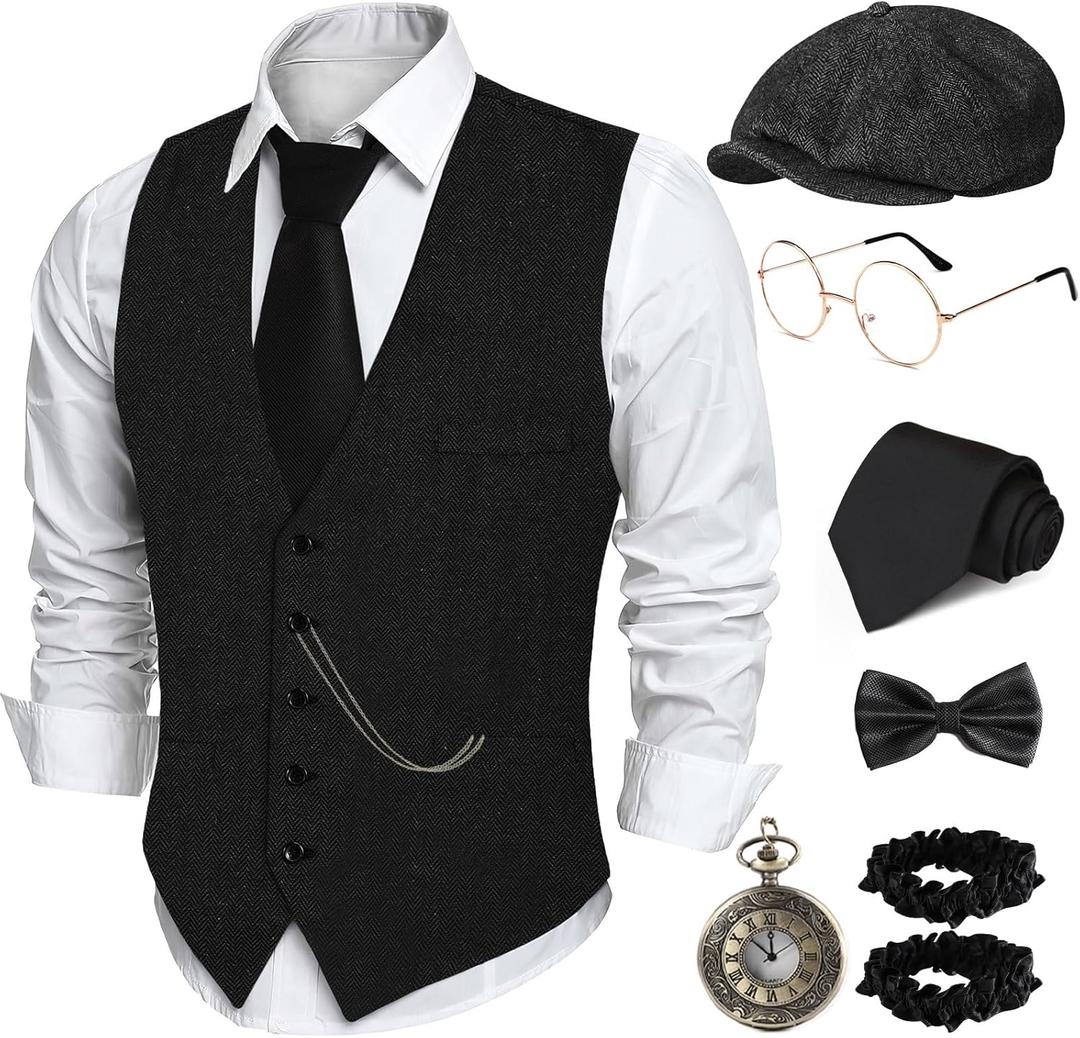 1920s Mens Costume, Roaring 20s Costumes for Men, 1920 Men's Outfit for Halloween Costume Party (Large, Black)