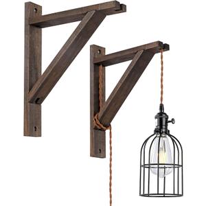 SEEBLEN Rustic Wood Wall Mount Bracket Set of 2 - Natural Triangle Shelf for Hanging Pendant Lights, Planters & DIY Dcor - Adjustable Plug-in Cord Kit Fixture, Farmhouse & Industrial Home Decor