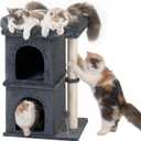 24in Cat Tree Tower with Scratching Post, 19 * 16.5in Window Perch Bed for Large Adult Cats, 2 Small Condo Cubbies for Indoor Kittens, Dark Gray
