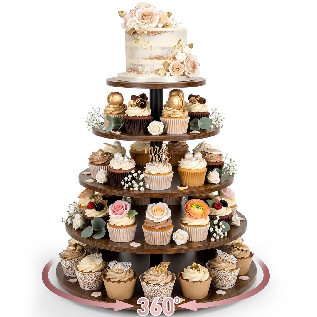 Funnymoom 5 Tier Large Round Cupcake Stand for 100 Cupcake Rustic Cupcakes Tower 360° Rotatable Wooden Cupcakes Holder Table Display Dessert Stand for Birthday Graduation Baby Shower Wedding 20.9''