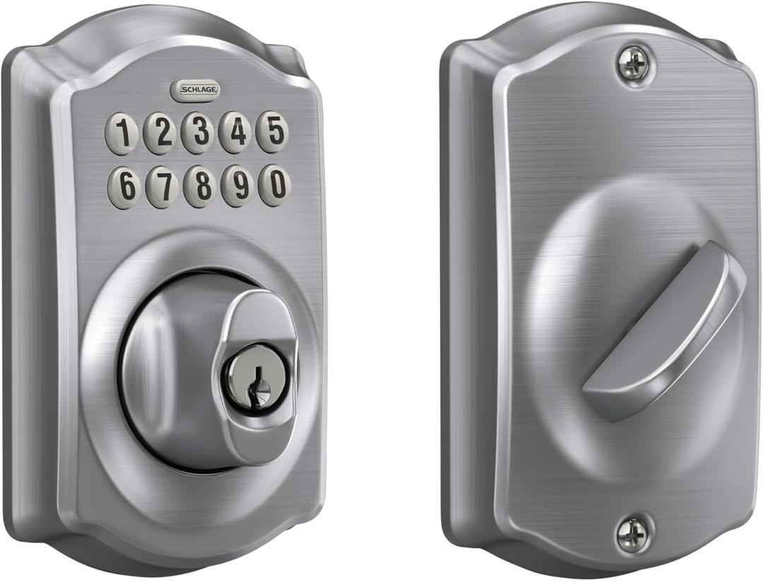 Schlage Camelot Electronic Keypad Deadbolt Lock, Keyless Front Door Entry, Mechanical Key Backup Included, Satin Chrome, BE365 CAM 626