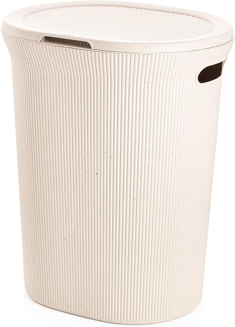 Superio Ribbed Collection - Eco-Friendly Decorative Plastic Laundry Hamper with Lid and Cut-Out Handles, (1 Pack) Basket Organzier for Bedroom Bathroom College Dorm Room 40 Liter