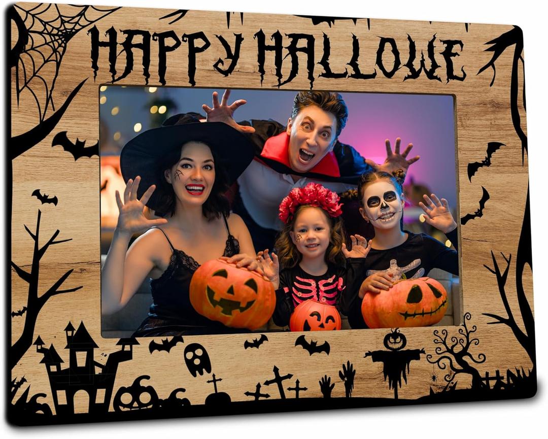 Happy Halloween Photo Frame - Wooden Photo Frame, Can Hold 4" x 6" Photos, Castle Cemetery Horror Atmosphere Theme Decorations, For Photo Display, Home, Office Decoration or As Gift - A02