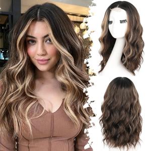 Dark Brown Mixed Blonde Short Wavy Wig for Women Lace Hairline Bob Style Synthetic Heat Resistant - Natural Appearance for Everyday Hairstyle 18 Inch