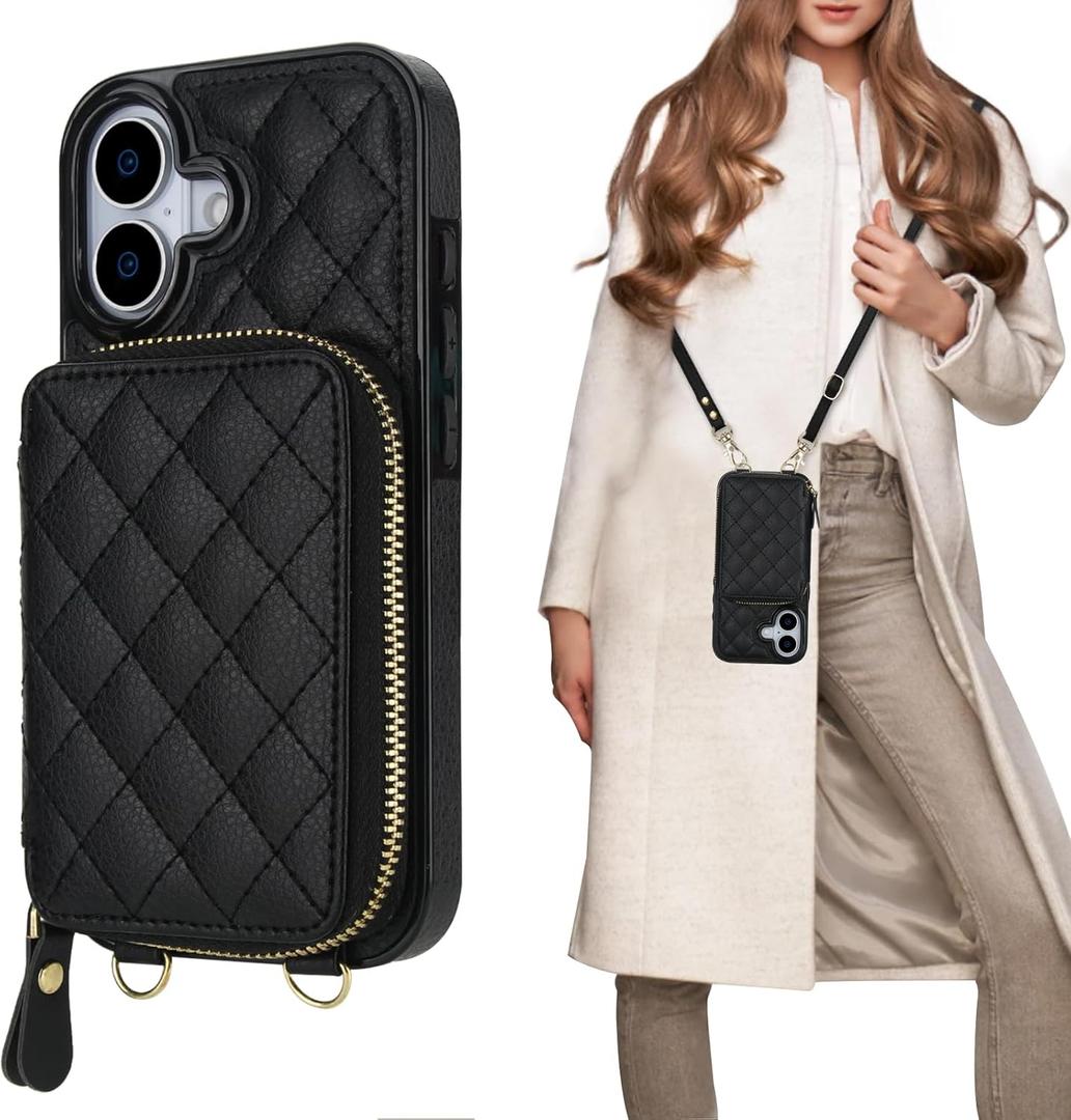 Bocasal Crossbody Wallet Case for iPhone 17, RFID Blocking PU Leather Zipper Handbag Purse Flip Cover, Kickstand Folio Case with Card Slots Holder Wrist Strap Lanyard 5G 6.3 Inch (Black)