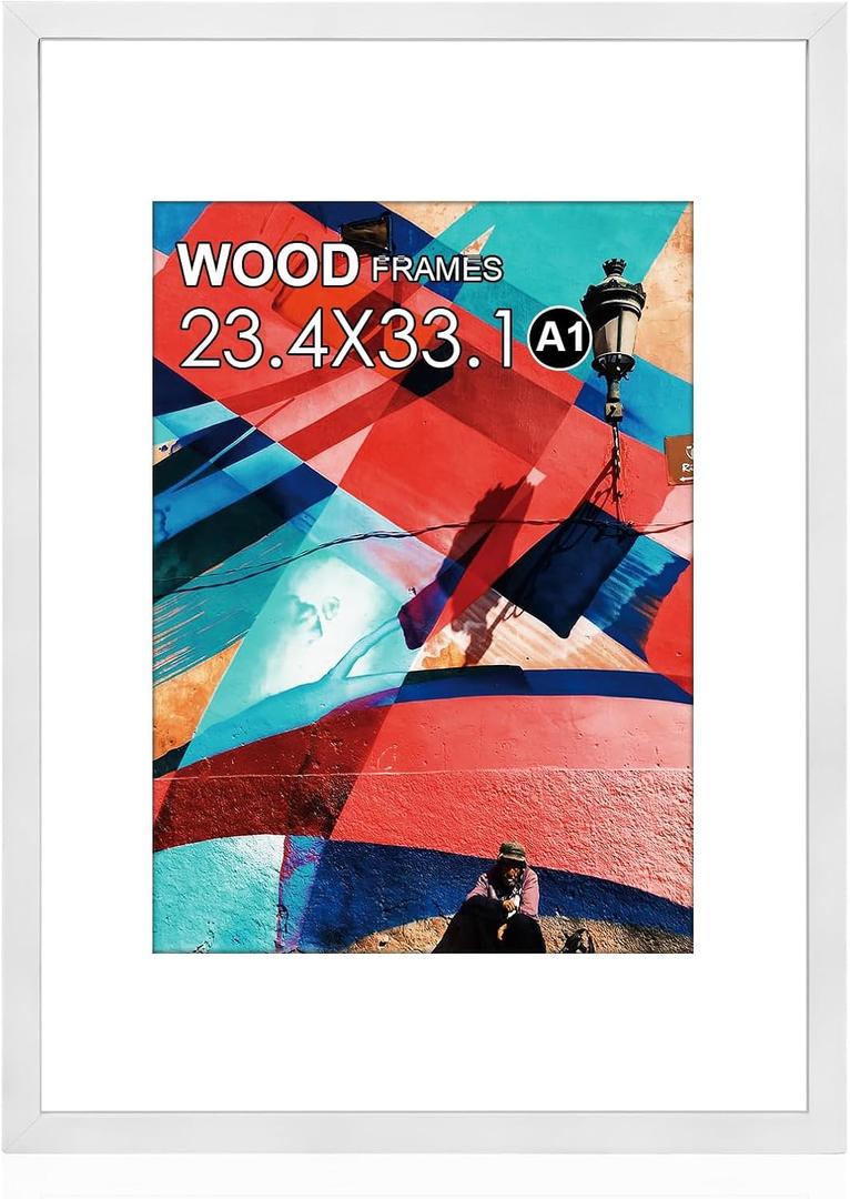 A1 Poster Frame,23.4x33.1in Natural Soild Wood White Picture Frames with Polished Plexiglass,Easy to Hang,Display Picture A1 without Mat or A2 with Mat for Wall Mounting Horizontally and Vertically
