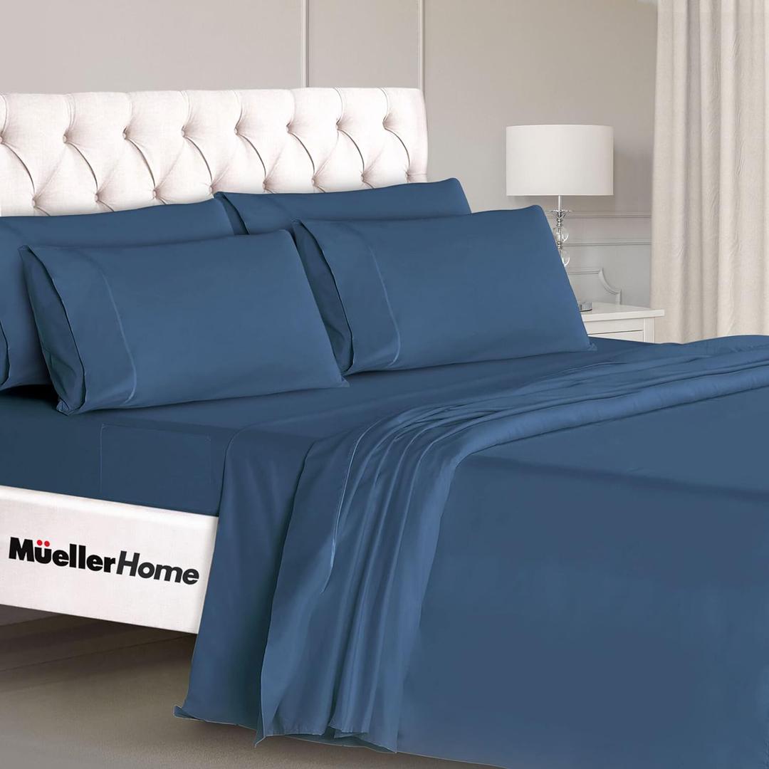 Mueller Ultratemp King Size Sheets Set, Super Soft 1800, 6 Piece, Deep Pocket up to 16" Cooling Sheets King Size, Transfers Heat, Breathes Better, Hypoallergenic, Wrinkle, Navy (King, Navy)