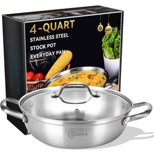 LOLYKITCH 12 Inch Tri-Ply Stainless Steel Saut Pan with Lid,4 QT Hot Pot, Everyday Pan,Kadhai,Induction Cooking Pan,Jumbo Cooker,Dishwasher and Oven Safe.
