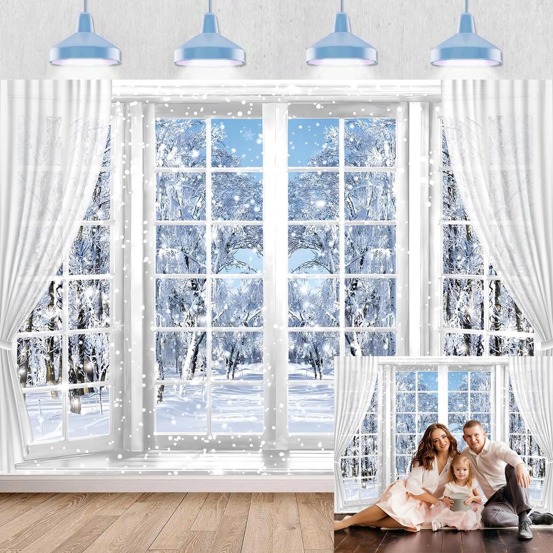 Winter Window Backdrop Snowflakes Forest Winter White Snowy Wonderland Photography Background Kids Adult Christmas New Year Family Birthday Party Decoration Banner Supplies (7x5FT)