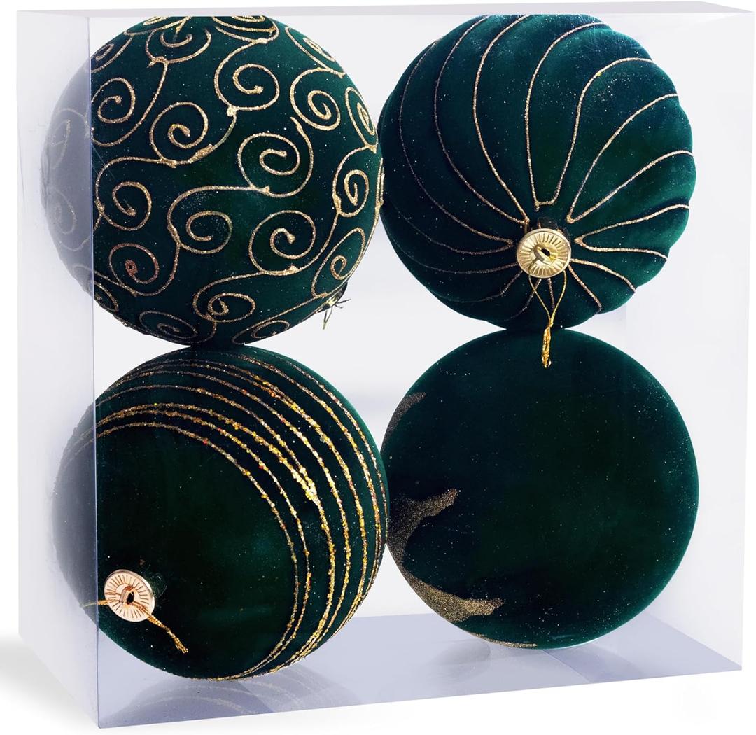 Large Velvet Christmas Ornaments, 5.9" Green Velvet Christmas Ornaments Balls 4 pcs Decorative Baubles for Christmas Tree, Big Dark Grenn Xmas Balls for Holiday Yard Home Party Xmas Decoration