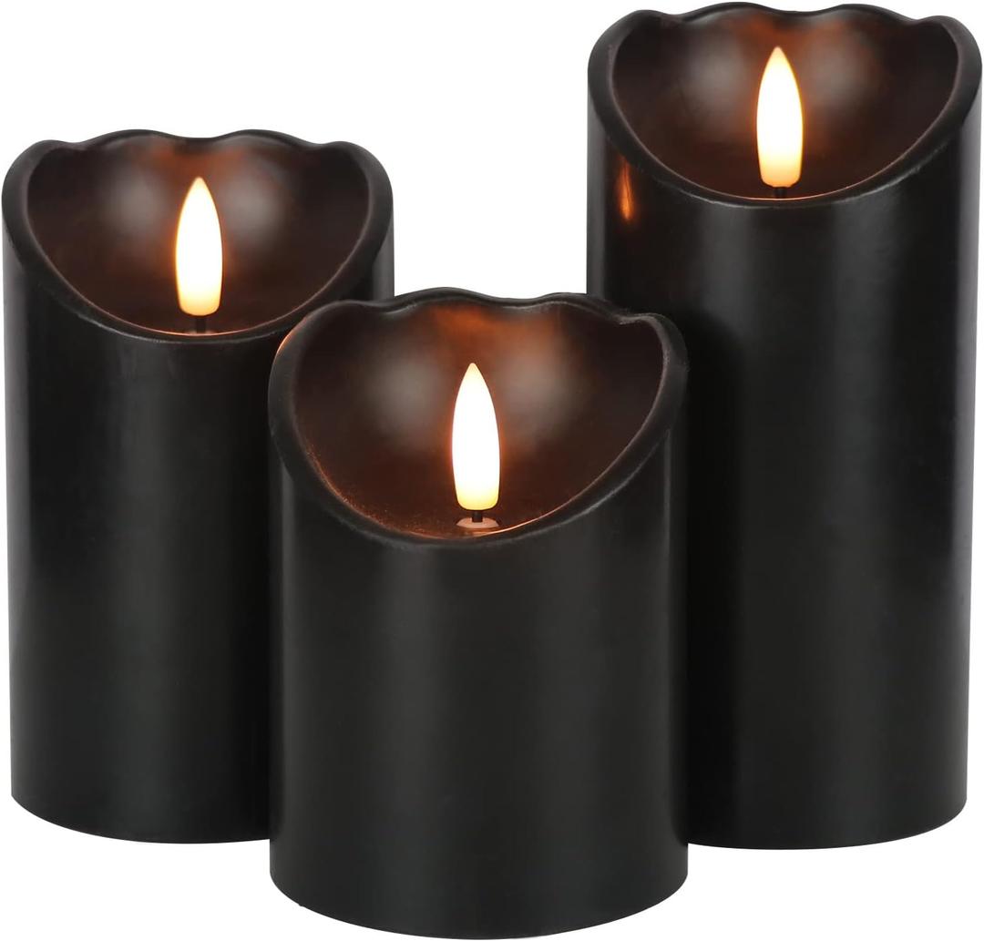 Eldnacele Black Flameless Flickering Candles with 6H Timer, 3D Wick Realistic Battery Operated Real Wax LED Pillar Candles Set of 3 Home Wedding Party Halloween Decoration (D3 x H456)