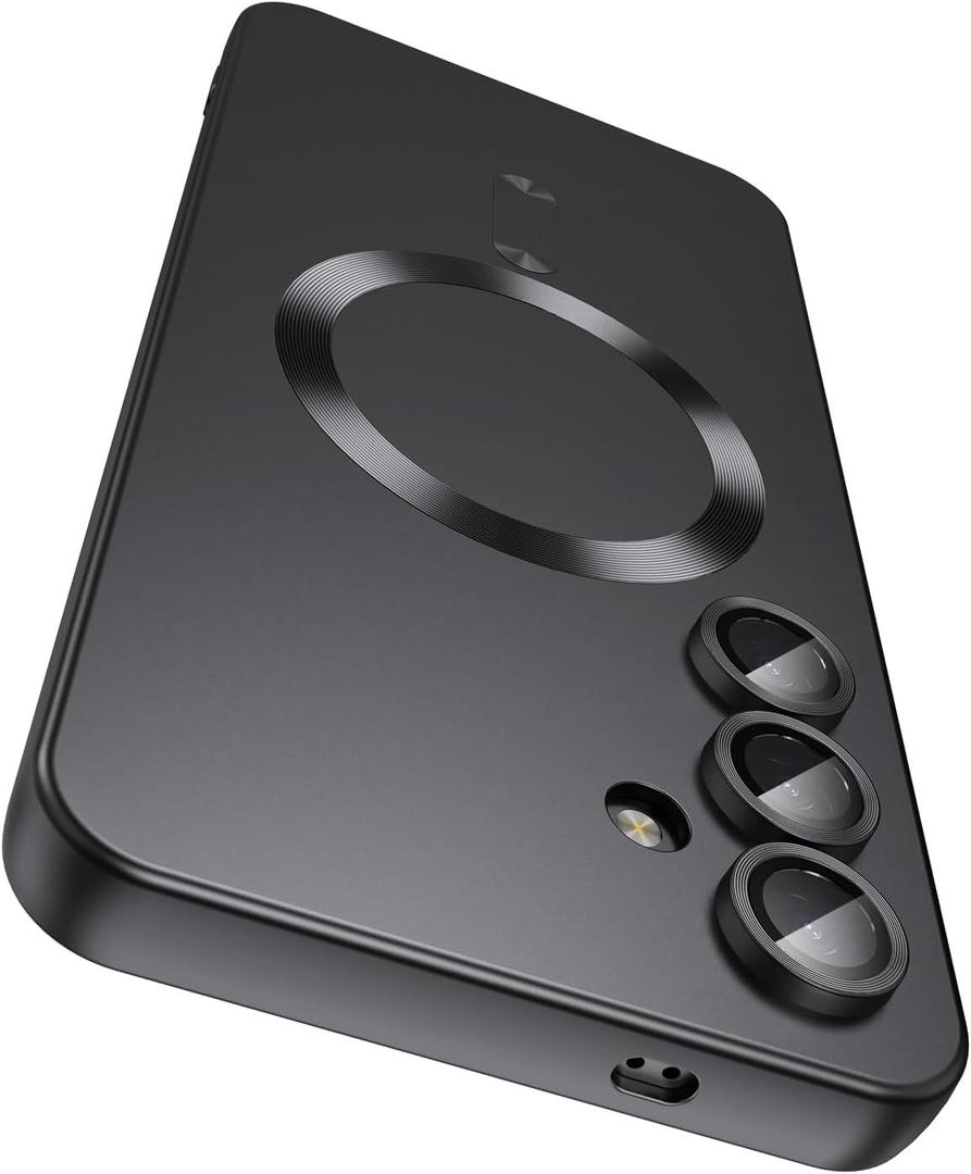 Magnetic for Samsung Galaxy S24 Case [Compatible with MagSafe][Built-in Camera Lens Protector] Slim Soft Silicone Bumper Shockproof Metallic Luster Phone Case (Black)