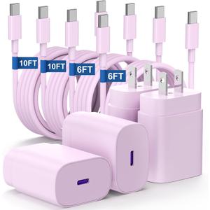 Essri Type C Charger Fast Charging for Samsung Galaxy S25/S24/S23/S22/Note 20,4Pack 25W Super USB C Fast Charger Block with (6ft+10ft) x2 Cables for iPhone 15/16 Pro Max/Plus, Android Phones-Pink (4Pack 6Feet+10Feet)