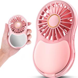 FrSara Portable Handheld Fan, 3-Speed Mini Pocket Lash Fan with Makeup Mirror & LED, USB-C 2000mAH Rechargeable Personal Cooler with stand for Home, Office, Outdoor, Ideal for Women, Pink
