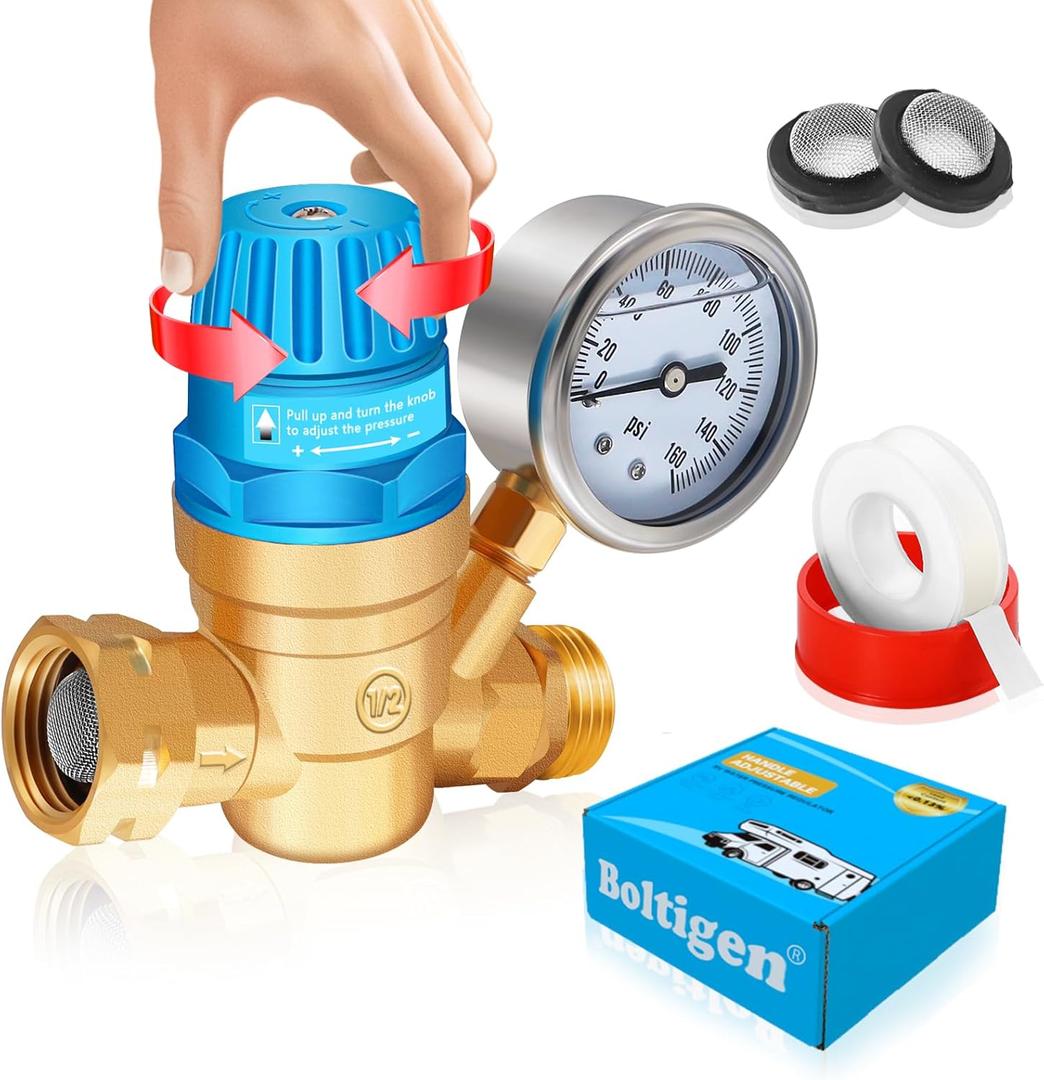 Boltigen Handle Adjustable RV Water Pressure Regulator, 3/4 GHT Brass Lead-Free RV Fresh Water Hose Pressure Regulator Valve with Gauge for RV Camper Trailer, Pressure Reducer Valve (Blue)
