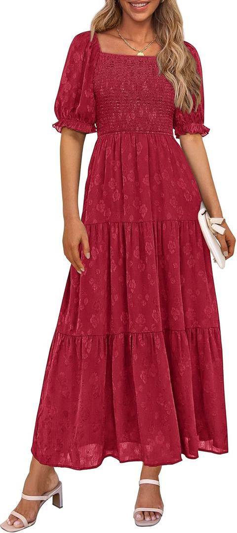 PRETTYGARDEN Women's 2025 Summer Casual Midi Dresses Square Neck Short Sleeve Smocked A Line Floral Flowy Elegant Boho Dress (Red, S)