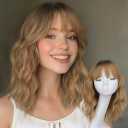 Nnzes Blonde with Light Brown Wig with Bangs for Women Shoulder Length Bob Wavy Charming Synthetic Wigs with Natural Curly Heat Resistant Hair