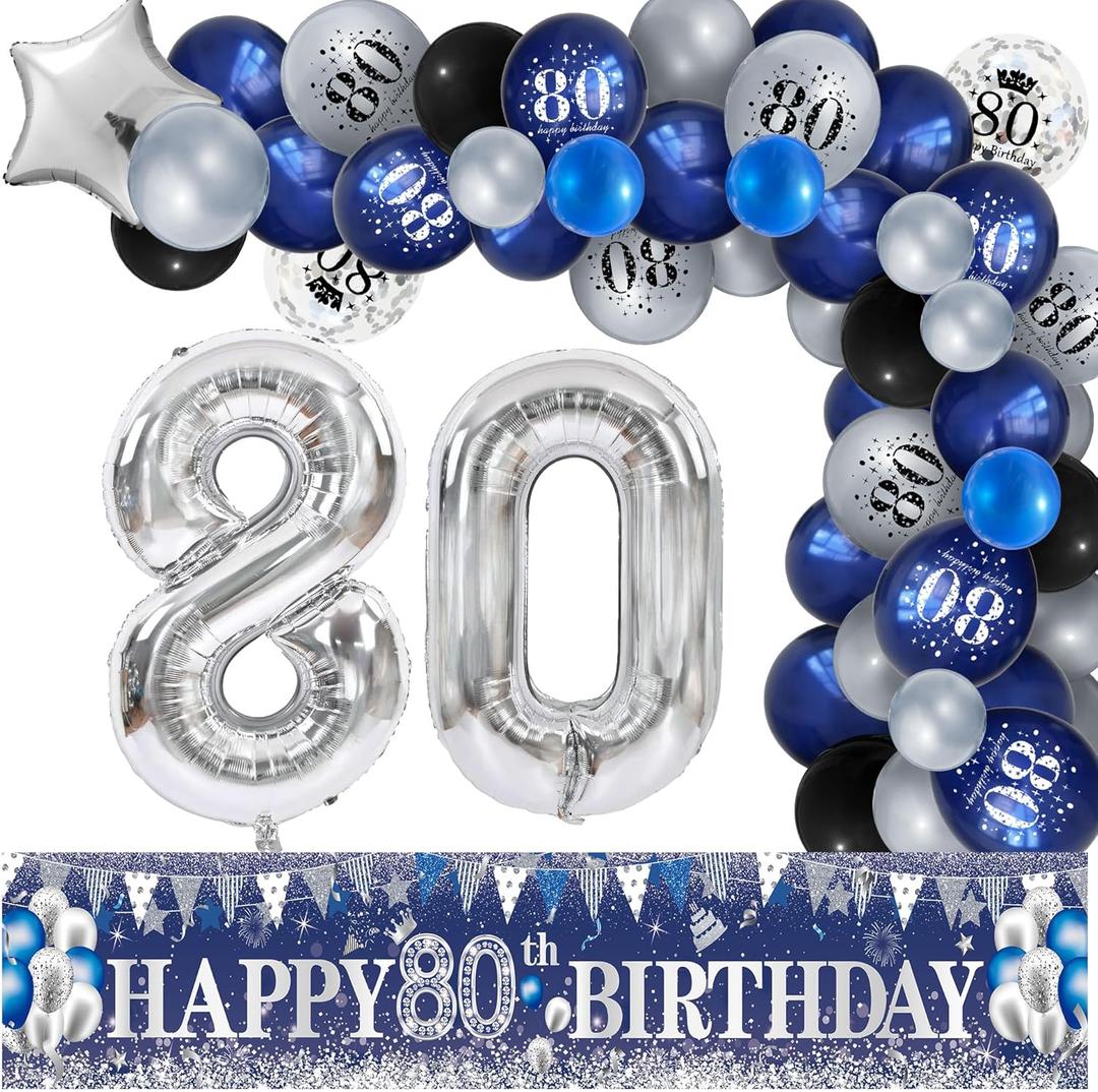 Blue 80th Birthday Decorations for Men, Women, Navy Silver Happy Birthday Yard Banner, Balloons for Anniversary Party Supplies