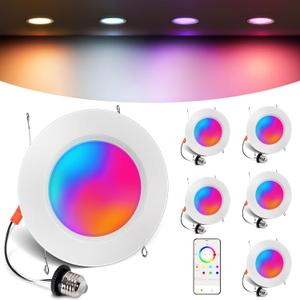 Smart Recessed Lighting 6 Inch, RGBCW Color Changing Smart Can Light Bluetooth Connect, Flicker Free, 13W 1300LM, Dimmable Retrofit Downlight Works with Alexa Voice & App Control, ETL, 6 Pack