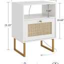 Rattan Nightstand with Charging Station, Mid Century Modern Night Stand,Boho Farmhouse Wood Bedside Table with Storage and Open Shelf, End Side Accent Table for Bedroom,Living Room,White