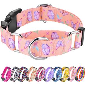 Hikiko Martingale Collar for Dogs Adjustable Soft Nylon Dog Collars with Cute Patterns for Small Medium Large DogPink Butterfly,Medium