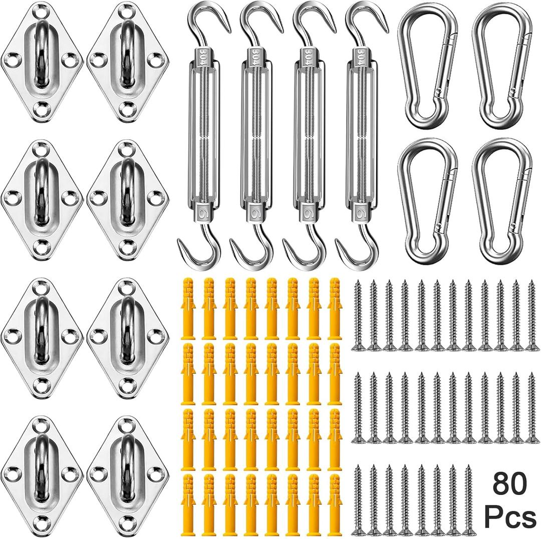 Duerer Sun Shade Sail Hardware Kit 80pcs for Rectangle Triangle Sun Shade Sails Canopy Installation 304 Stainless Steel Accessories Set for Outdoor Garden Patio (4 * 6inch M6 Turnbuckles)