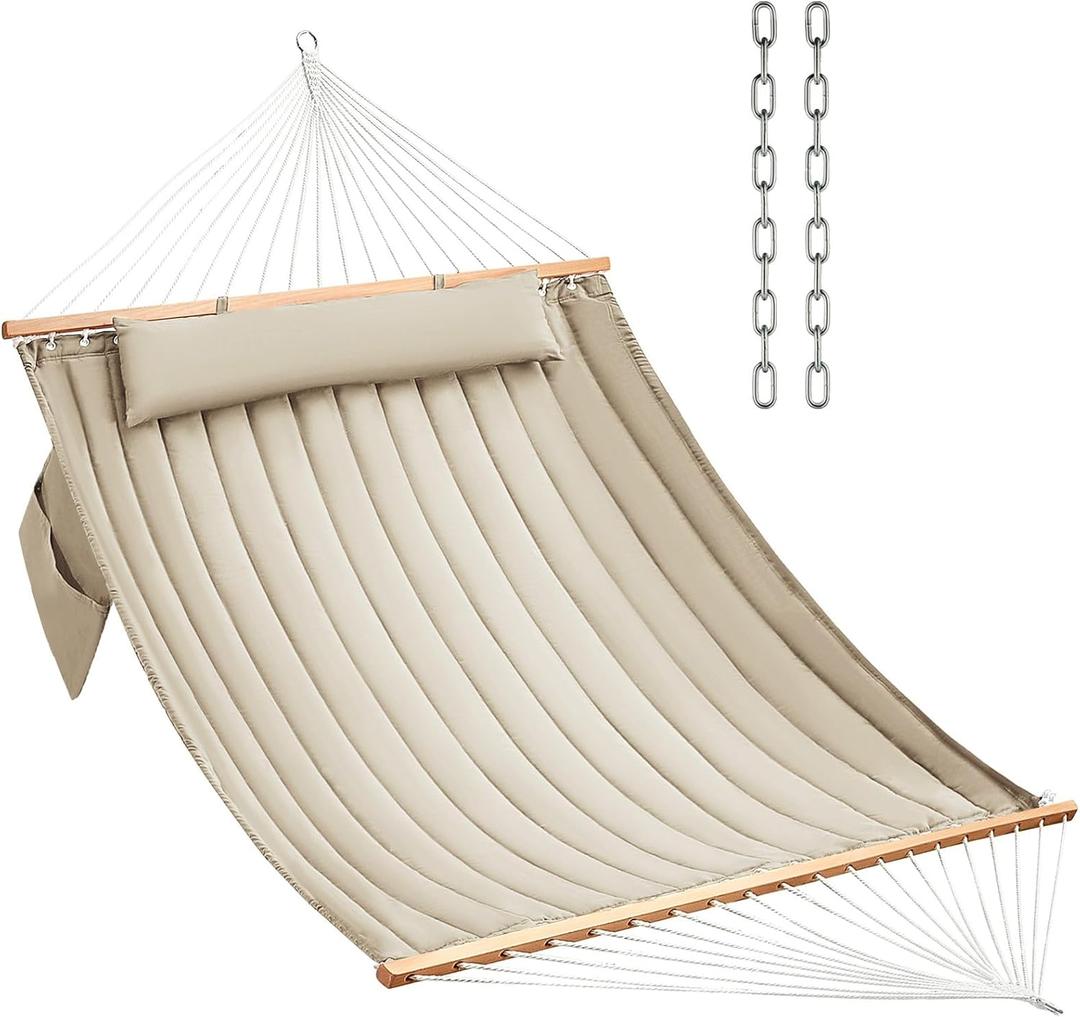 Double Quilted Hammock with Hardwood Spreader Bars and Pillow