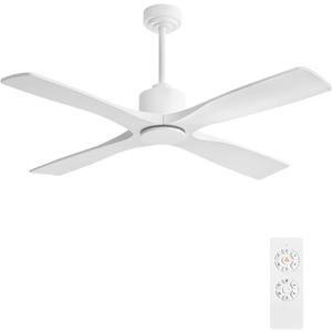 WINGBO 48" DC Ceiling Fan without Lights, 4 Carved Solid Wood Blades, 6-Speed Noiseless Reversible DC Motor, Modern Ceiling Fan No Light with Remote, Gloss White Finish with White Blades, ETL Listed