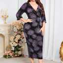 ZOMVA Plus Size Sparkly Wrap Dress 3/4 Sleeve Firework Glitter Bodycon Dresses Wedding Guest Cocktail Evening Party (Black, XXXL)