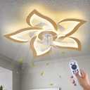 24" Wooden Geometric Ceiling Fan with Lights Remote Control, 3 Light Color 6 Speeds Low Profile Flush Mount Ceiling Fan for Kitchen Bedroom Living Room
