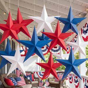 18 Pack 12'' 3D Large Patriotic Paper Stars Hanging Decorations 4th of July Red White and Blue Star Decor Memorial Day Tree Ornaments Independence Day 250th Anniversary Decoration for Ceiling Porch