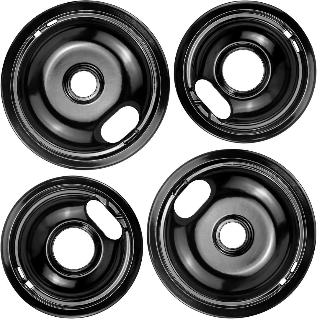 Stove Burner Drip Pans W10288051 Burner Covers-2 Packs 6 W10290353 Black Porcelain Burner Pans and 8" W10290350 Stove Top Covers for Electric Stove by Sikawai