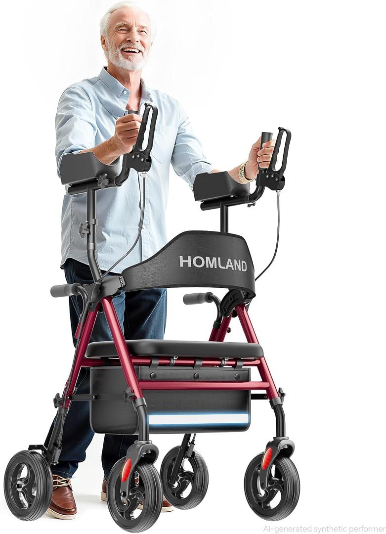 HOMLAND Upright Walker with Seat for Seniors, Adjustable Padded Armsupport
Foldable Stand Up Rollator Walker, 300 lb Weight Capacity, 360° Swivel Wheels, Tool-Free Assembly. Easy Maneuverability