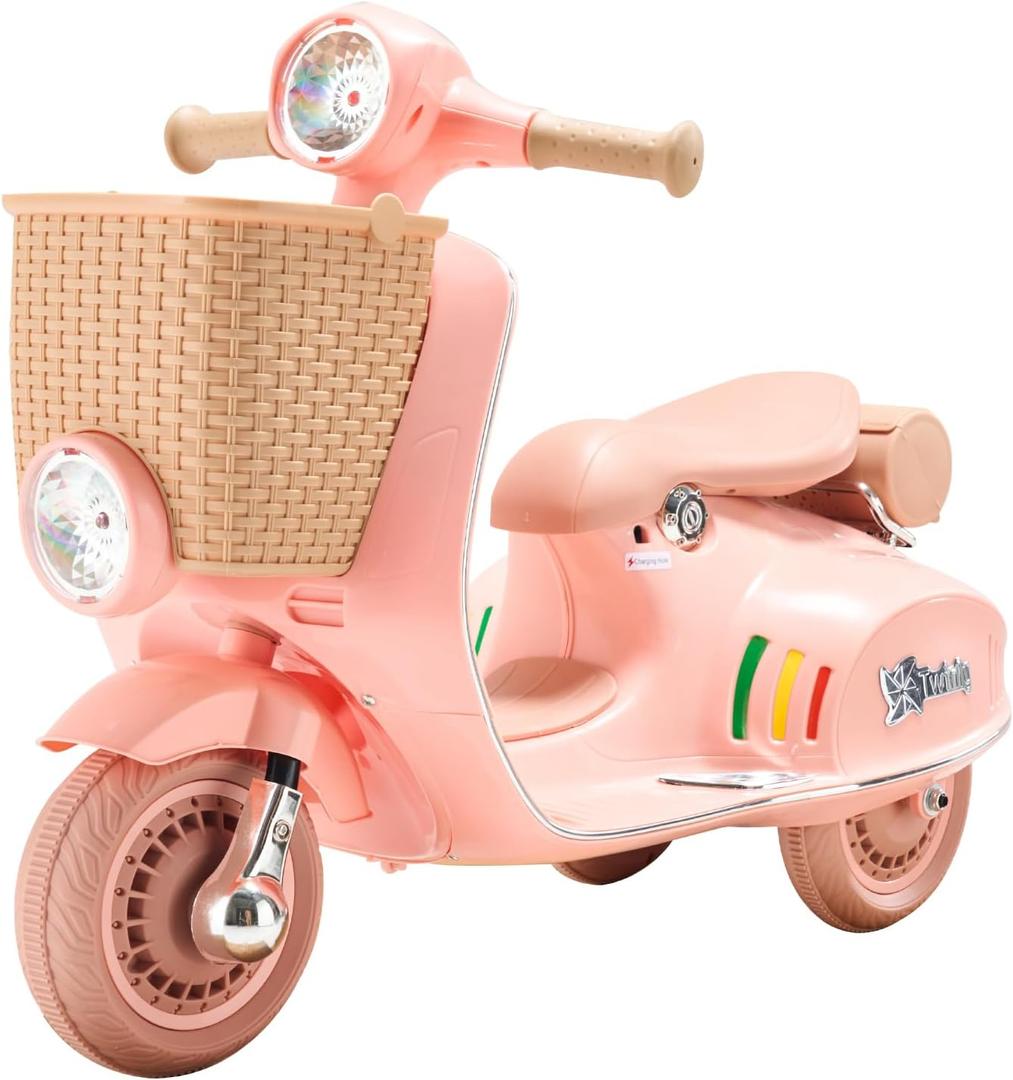 VEVOR Kids Ride On Motorcycle, 12V Battery Powered Electric Motorbike, 2mph Top Speed, 3 Wheels ElectricToddler Motorcycle with Headlight, Music, Bluetooth, Basket, Gift Toys for Kids 37-72 Months (Pink)