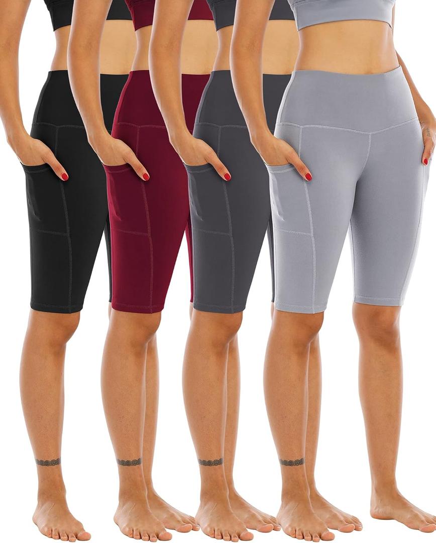 WHOUARE 4 Pack Biker Yoga Shorts with Pockets for Women, High Waisted Athletic Running Workout Gym Shorts Tummy Control (Small, 4packs # Black, Dark Gray, Light Gray, Burgundy)