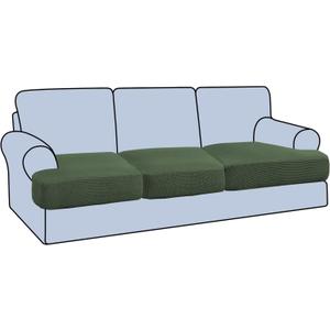 H.VERSAILTEX Stretch 3 Piece T Cushion Sofa Slipcovers Individually Sofa Cushion Covers for 3 Cushion Couch Sofa Seat Cushion Covers with Elastic Bands Featuring Thicker Jacquard Fabric, Bronze Green