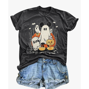 Women's Halloween Pumpkin Ghost Shirt Cute Spooky Season Graphic Tee Casual Short Sleeve Top (L, Black)