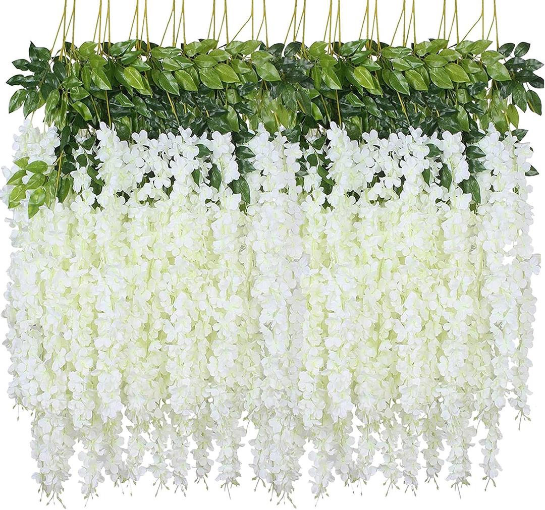 WEISPARK Fake Hanging Flowers - 24 Pieces 3.75 Feet/Piece Artificial Wisteria Vine Ratta Hanging Garland Silk Flowers for Home Party Wedding Decor (White-24pcs)